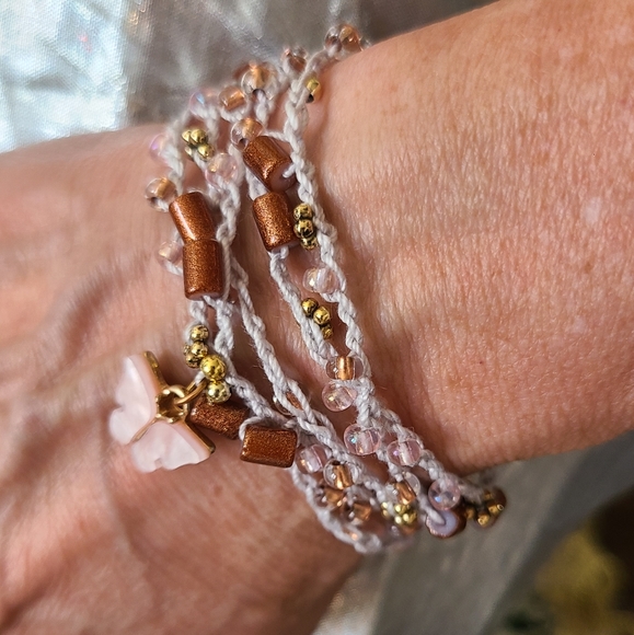 Women's Wrap Bracelet Light Gray Gold Blush Pink Beads Butterfly Handmade Cute - Picture 4 of 5